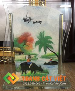 Tranh cát phong cảnh quê hương Việt Nam đẹp nghệ thuật với con trâu, bến nước